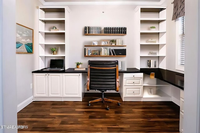 office space with built in desk and dark hardwood / wood-style floors