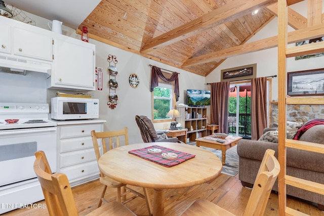 dining room featuring vaulted ceiling with beams, wood ceiling, and light hardwood / wood-style flooring