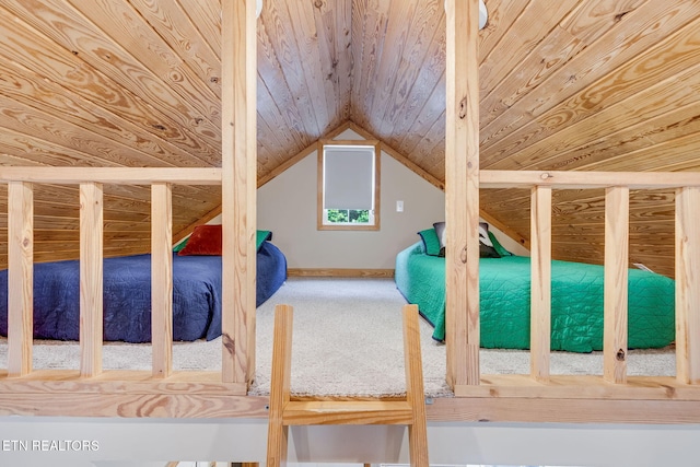 unfurnished bedroom featuring wood ceiling, vaulted ceiling, wooden walls, and carpet