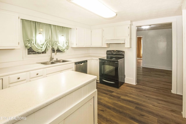 kitchen featuring stainless steel dishwasher, black range with electric stovetop, sink, and white cabinets