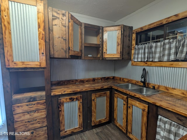 kitchen with wood counters, sink, a textured ceiling, ornamental molding, and dark hardwood / wood-style flooring