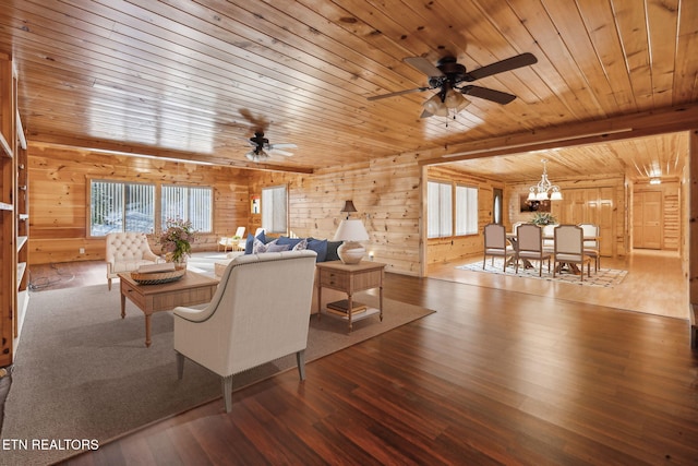 living room with ceiling fan with notable chandelier, hardwood / wood-style floors, wood walls, wood ceiling, and beam ceiling