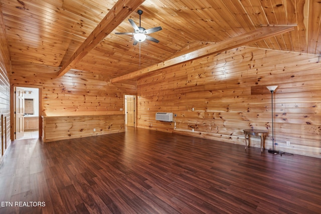 additional living space with wood walls, lofted ceiling with beams, wood ceiling, dark wood-type flooring, and a wall unit AC