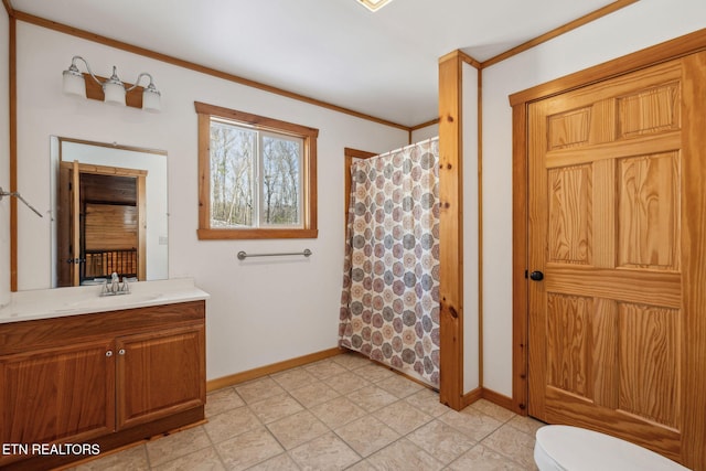 bathroom featuring vanity, ornamental molding, curtained shower, and toilet