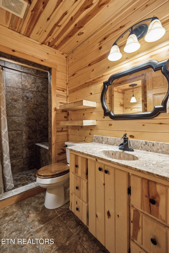 bathroom featuring wood ceiling, a shower with shower curtain, toilet, and wood walls