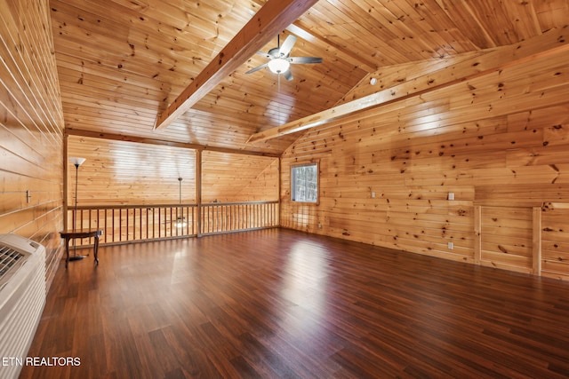 interior space with wood ceiling, ceiling fan, hardwood / wood-style floors, wooden walls, and lofted ceiling with beams