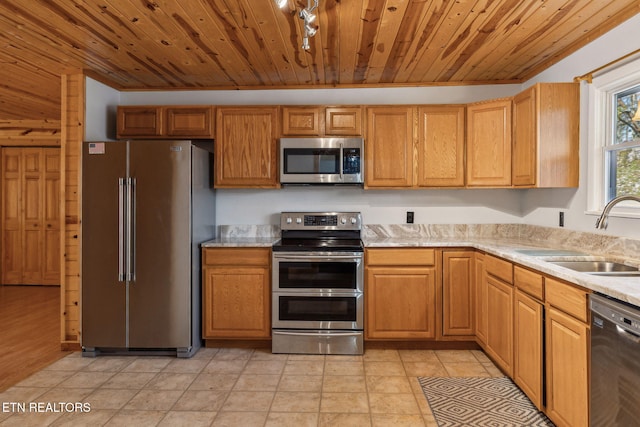 kitchen featuring appliances with stainless steel finishes, sink, track lighting, and wood ceiling