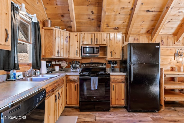 kitchen featuring wooden walls, black appliances, sink, light hardwood / wood-style floors, and wood ceiling