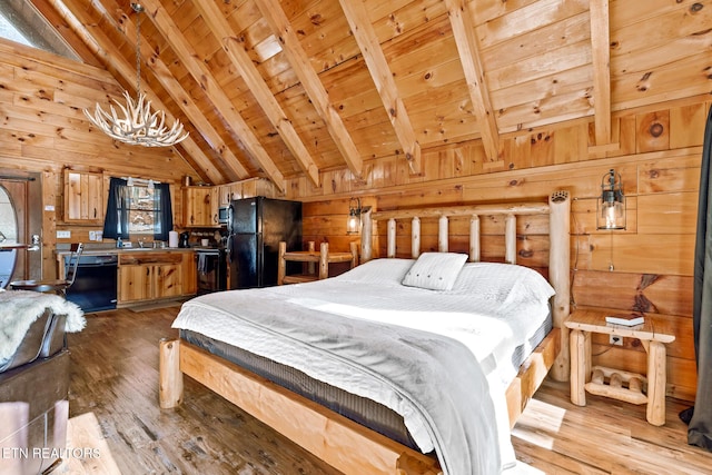 bedroom featuring wood ceiling, light hardwood / wood-style flooring, vaulted ceiling with beams, wooden walls, and black fridge