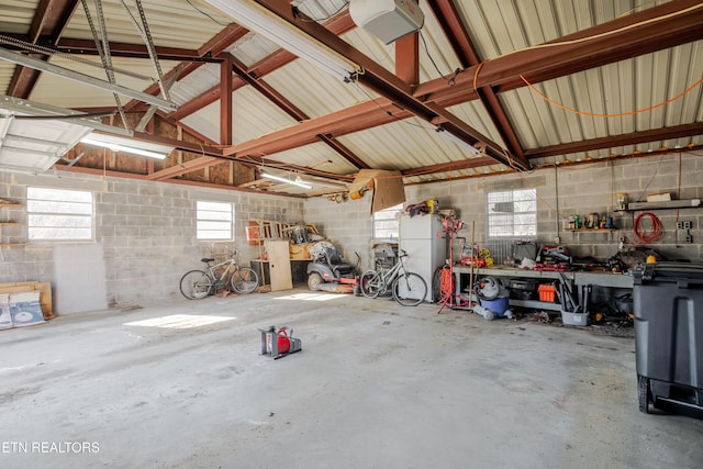 garage with a workshop area