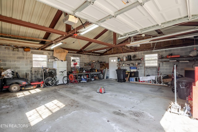 garage with a garage door opener and a workshop area