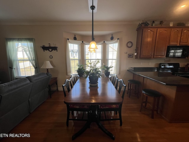 dining area with crown molding, plenty of natural light, and dark hardwood / wood-style floors