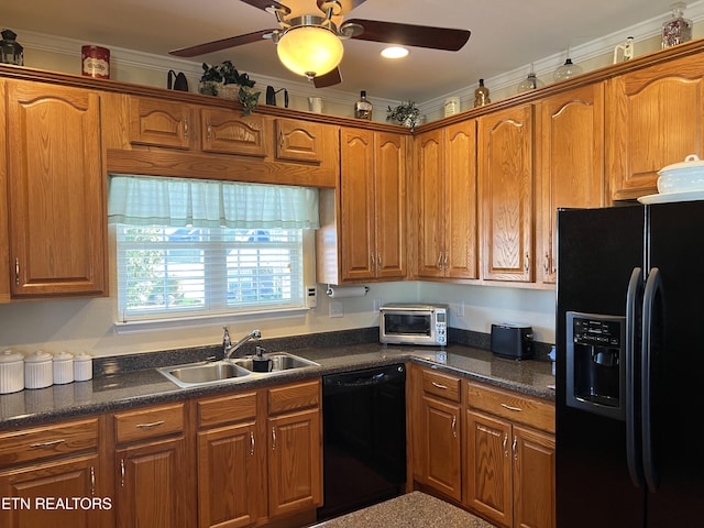 kitchen with crown molding, ceiling fan, sink, and black appliances