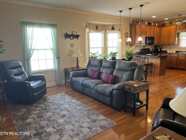 living room featuring crown molding, a healthy amount of sunlight, and dark hardwood / wood-style flooring