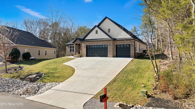 view of front facade with driveway, an attached garage, a front yard, and brick siding