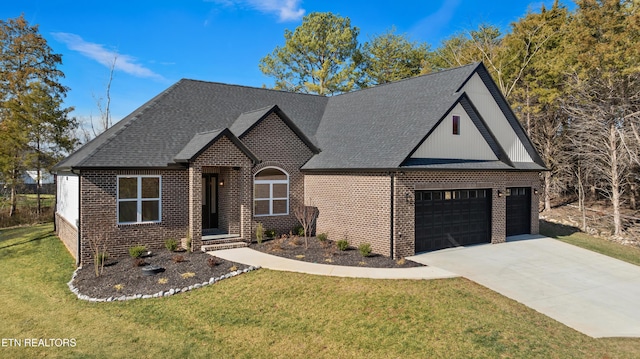 view of front facade featuring concrete driveway, brick siding, a front lawn, and roof with shingles