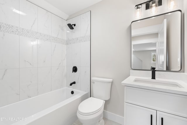 full bath with toilet, shower / tub combination, baseboards, and vanity