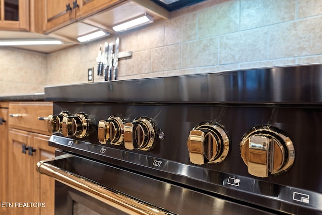 room details featuring tasteful backsplash and high end range