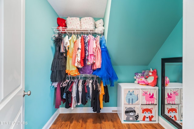 walk in closet featuring lofted ceiling and wood-type flooring