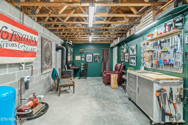 basement featuring a wood stove