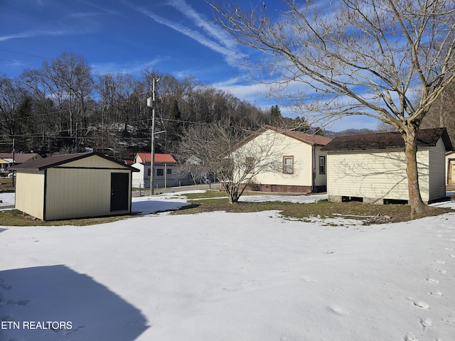 yard layered in snow with a storage unit