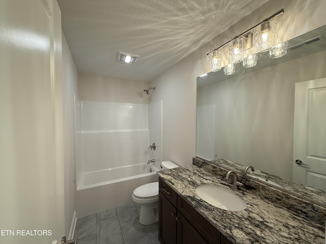 full bathroom featuring a textured ceiling, visible vents, vanity, toilet, and shower / bathtub combination