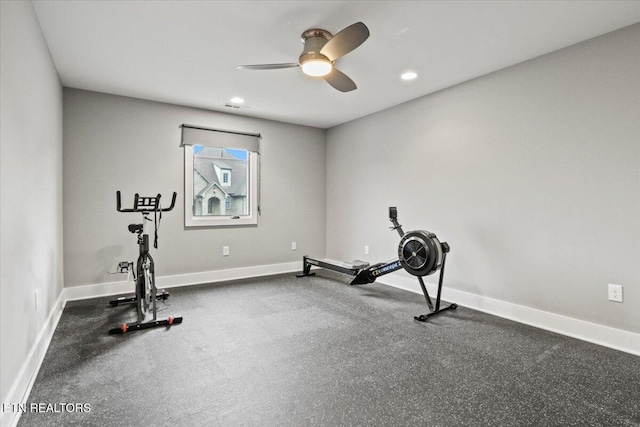 workout room featuring ceiling fan