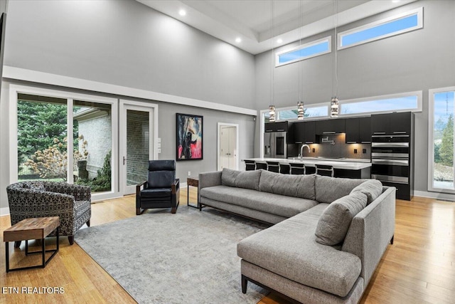 living room with light hardwood / wood-style floors, a healthy amount of sunlight, and a high ceiling