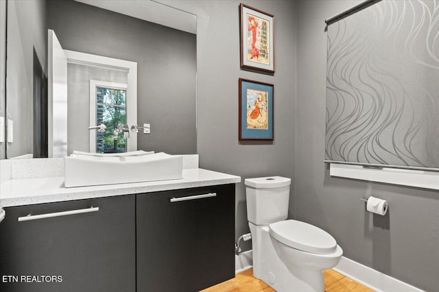 bathroom with vanity, wood-type flooring, and toilet