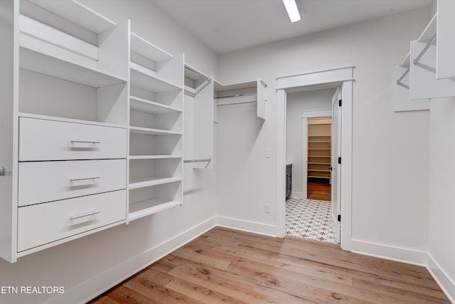 walk in closet with light hardwood / wood-style flooring