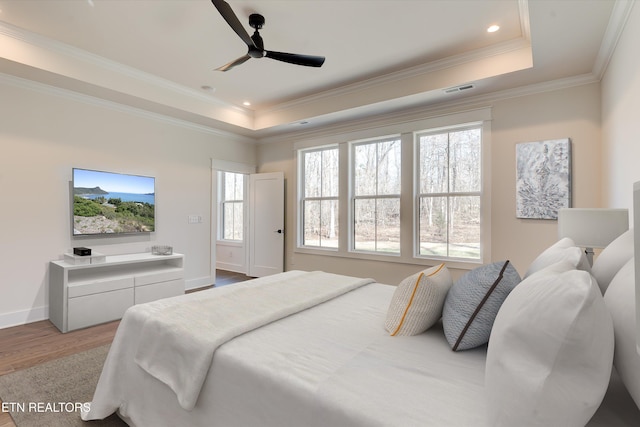 bedroom with multiple windows, light hardwood / wood-style flooring, and a tray ceiling