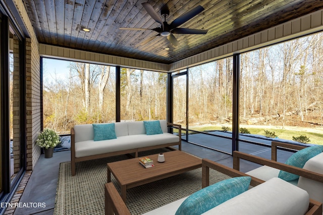 sunroom / solarium featuring ceiling fan and wood ceiling