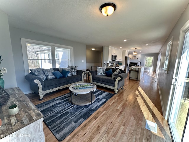 living room featuring a textured ceiling and light wood-type flooring