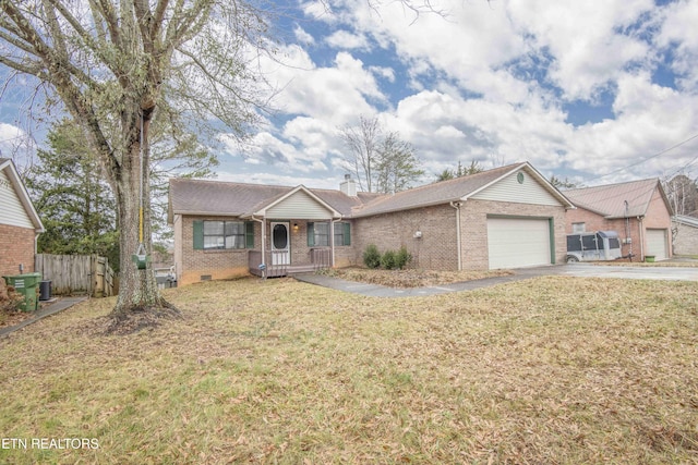 ranch-style house featuring a porch, a garage, central AC unit, and a front lawn