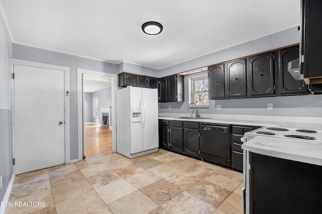 kitchen with crown molding, dishwasher, sink, and white fridge with ice dispenser