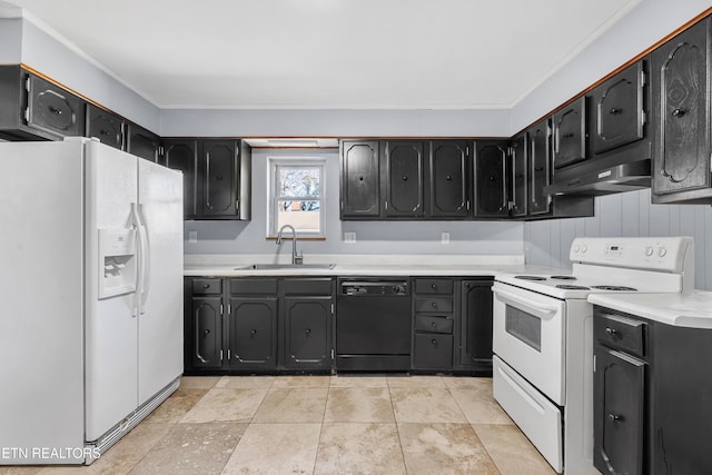 kitchen featuring white appliances, ornamental molding, and sink