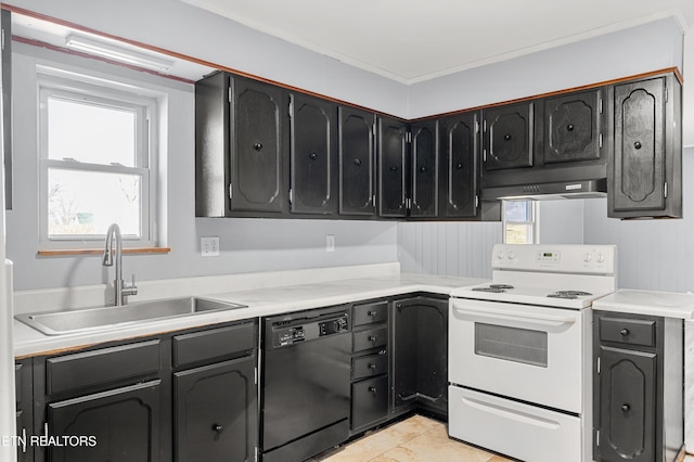 kitchen featuring light tile patterned flooring, sink, ventilation hood, dishwasher, and white range with electric stovetop