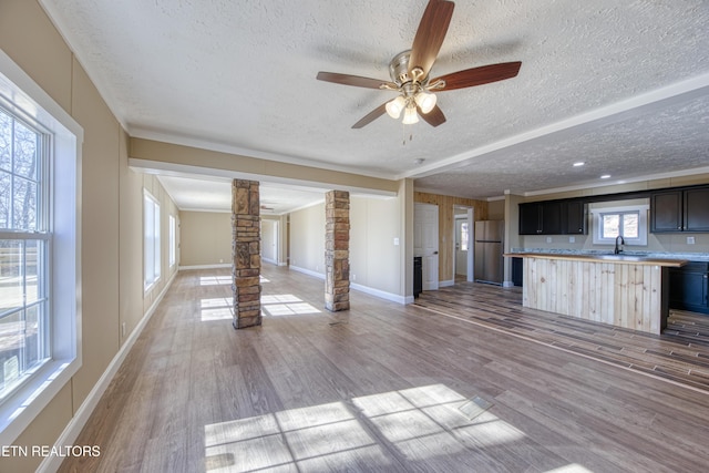 unfurnished living room with ornate columns, a healthy amount of sunlight, and light hardwood / wood-style floors