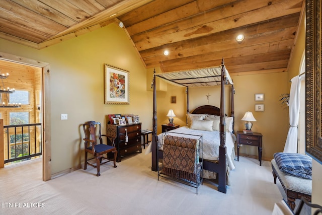 carpeted bedroom with wood ceiling, an inviting chandelier, and vaulted ceiling with beams