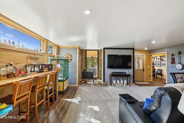 living room with indoor bar, a wood stove, and dark hardwood / wood-style flooring