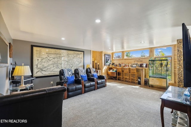 cinema room featuring indoor bar and carpet floors