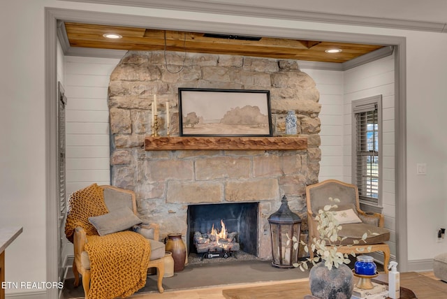 309 W Cleveland Ave, Monterey, TN 38574 - living area featuring beamed ceiling and a stone fireplace