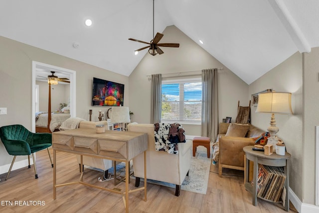 309 W Cleveland Ave, Monterey, TN 38574 - living room with high vaulted ceiling, light hardwood / wood-style floors, and ceiling fan