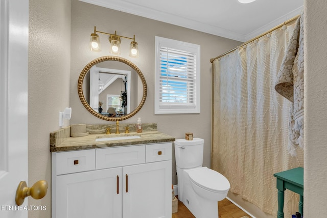 309 W Cleveland Ave, Monterey, TN 38574 - bathroom with vanity, ornamental molding, toilet, and a shower with shower curtain