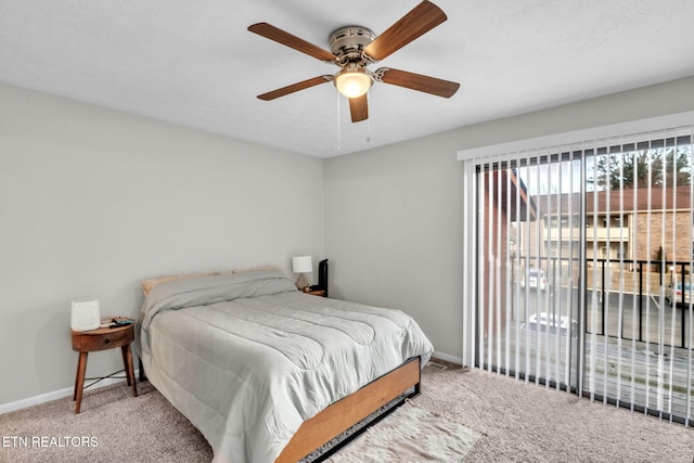 bedroom with light carpet and ceiling fan