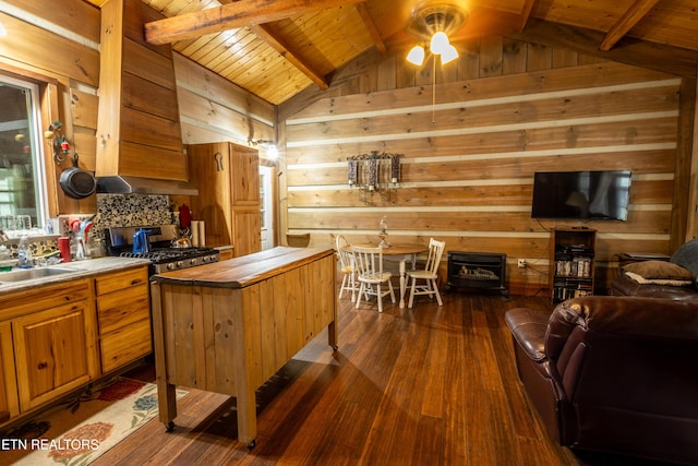 kitchen with sink, vaulted ceiling with beams, wood ceiling, wood walls, and dark hardwood / wood-style flooring