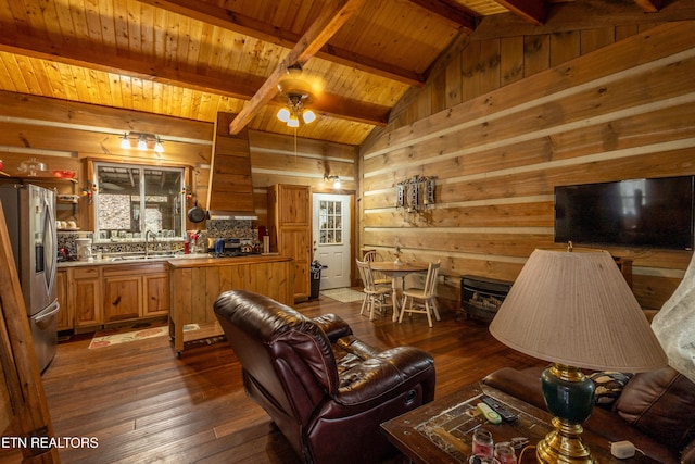 living room featuring wood walls, vaulted ceiling with beams, dark hardwood / wood-style flooring, ceiling fan, and wooden ceiling