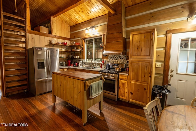 kitchen featuring dark wood-type flooring, stainless steel appliances, backsplash, and wooden ceiling