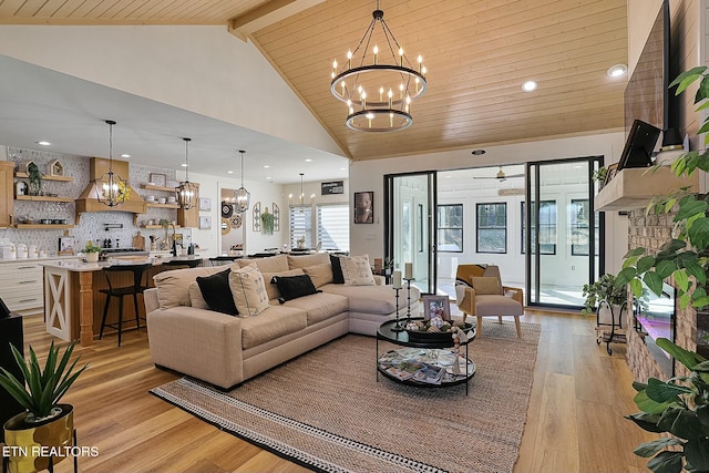 living room with an inviting chandelier, high vaulted ceiling, light wood-type flooring, wooden ceiling, and beam ceiling