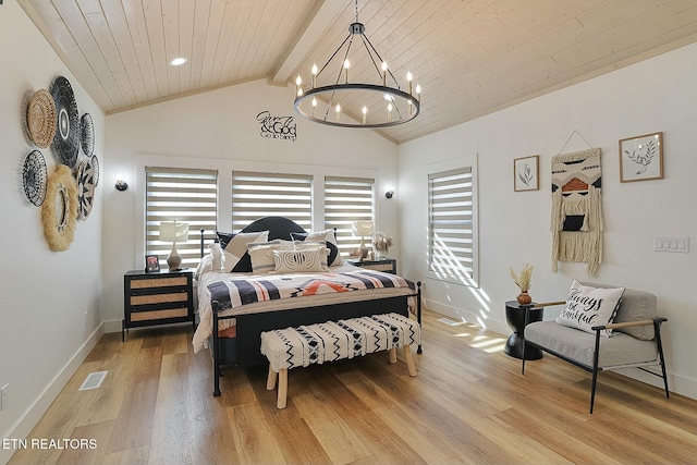 bedroom featuring wood ceiling, an inviting chandelier, lofted ceiling with beams, and light hardwood / wood-style flooring